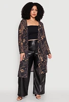 Womens Plus Buckle Belt Print Mesh Duster,