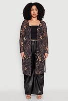 Womens Plus Buckle Belt Print Mesh Duster,