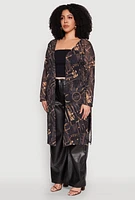 Womens Plus Buckle Belt Print Mesh Duster,