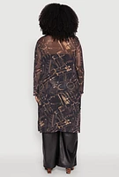 Womens Plus Buckle Belt Print Mesh Duster,