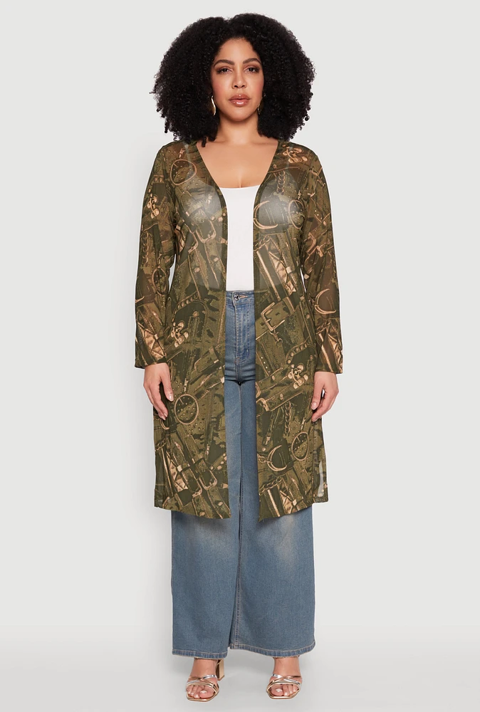 Womens Plus Size Buckle Belt Print Mesh Duster, Green, Size 2X