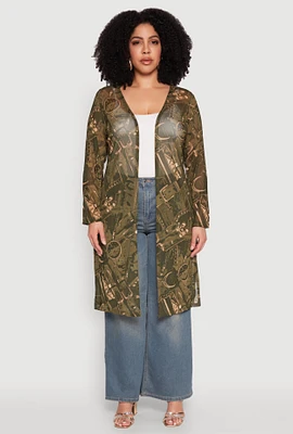 Womens Plus Size Buckle Belt Print Mesh Duster, Green, Size 2X