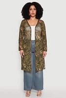Womens Plus Size Buckle Belt Print Mesh Duster, Green, Size 2X