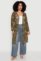 Womens Plus Size Buckle Belt Print Mesh Duster, Green, Size 2X