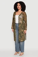 Womens Plus Size Buckle Belt Print Mesh Duster, Green, Size 2X