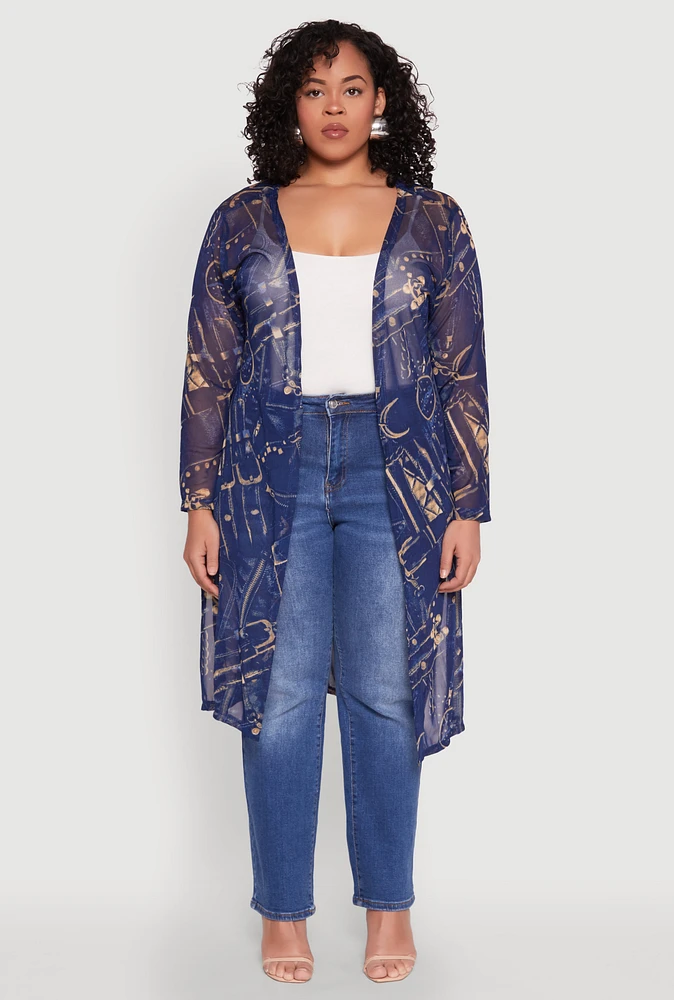 Womens Plus Buckle Belt Print Mesh Duster, Blue,