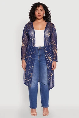 Womens Plus Buckle Belt Print Mesh Duster, Blue,