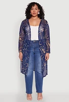 Womens Plus Buckle Belt Print Mesh Duster, Blue,