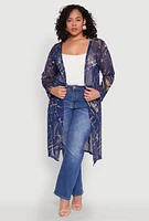 Womens Plus Buckle Belt Print Mesh Duster, Blue,