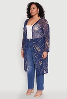 Womens Plus Buckle Belt Print Mesh Duster, Blue,