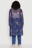 Womens Plus Buckle Belt Print Mesh Duster, Blue,