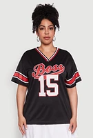 Womens Plus Size Varsity Stripe Boss 15 Graphic Jersey, Black, Size 4X