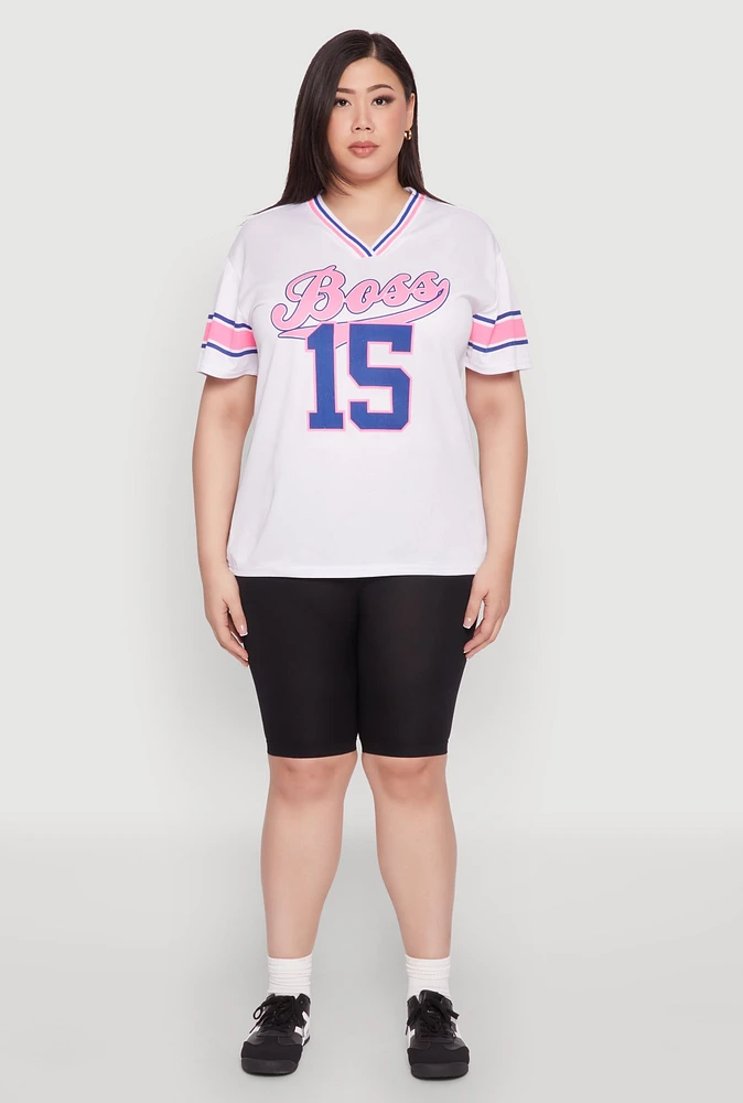 Womens Plus Size Varsity Stripe Boss 15 Graphic Jersey, White, Size 3X