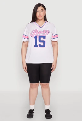 Womens Plus Size Varsity Stripe Boss 15 Graphic Jersey, White, Size 4X