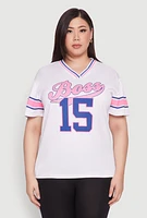 Womens Plus Size Varsity Stripe Boss 15 Graphic Jersey, White, Size 3X