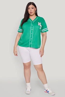 Womens Plus Size New York Patch Baseball Jersey, Green, Size 1X