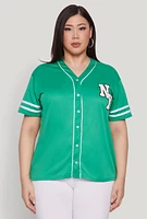 Womens Plus Size New York Patch Baseball Jersey, Green, Size 1X