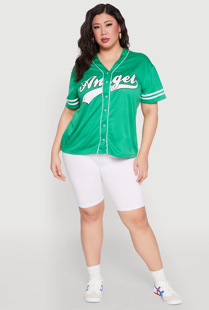 Womens Plus Angel Graphic Baseball Tee, Green,