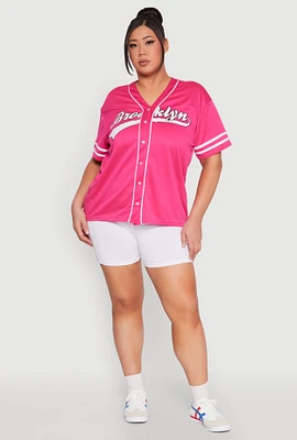 Womens Plus Varsity Stripe Brooklyn Baseball Jersey, Pink,