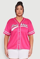 Womens Plus Varsity Stripe Brooklyn Baseball Jersey, Pink,