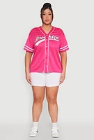 Womens Plus Varsity Stripe Brooklyn Baseball Jersey, Pink,