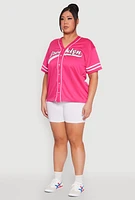 Womens Plus Varsity Stripe Brooklyn Baseball Jersey, Pink,