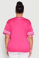 Womens Plus Varsity Stripe Brooklyn Baseball Jersey, Pink,