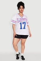 Womens Plus Size Love 17 Football Jersey, White, Size 1X