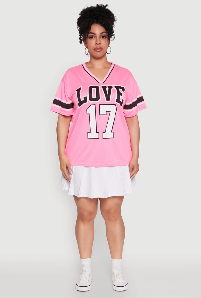 Womens Plus Size Love 17 Football Jersey, Pink, Size 1X