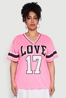 Womens Plus Size Love 17 Football Jersey, Pink, Size 1X