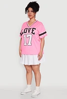 Womens Plus Size Love 17 Football Jersey, Pink, Size 1X