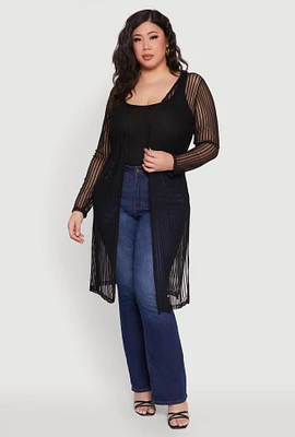 Womens Plus Shadow Stripe Mesh Duster, 1X