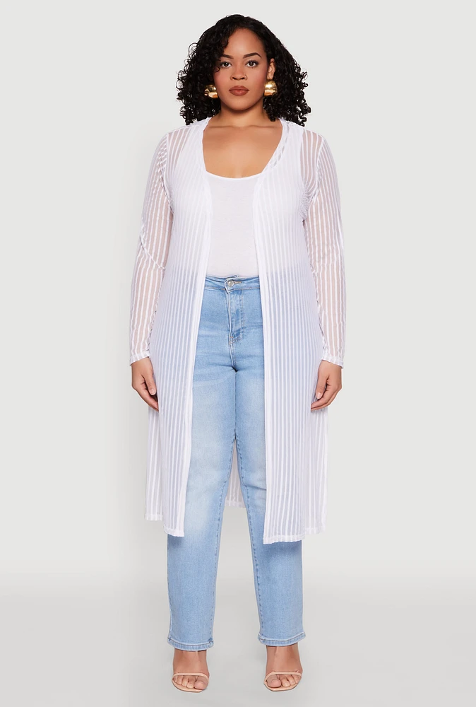 Womens Plus Size Shadow Stripe Mesh Duster, White, Size 2X