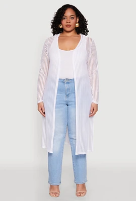 Womens Plus Size Shadow Stripe Mesh Duster, White, Size 2X