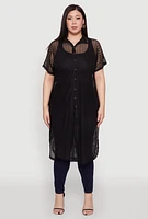 Womens Plus Size Mesh Button Front Side Slit Shirt, Black, Size 1X