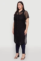 Womens Plus Size Mesh Button Front Side Slit Shirt, Black, Size 1X