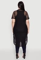 Womens Plus Size Mesh Button Front Side Slit Shirt, Black, Size 1X