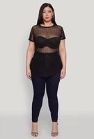 Womens Plus Shadow Stripe Mesh Top,