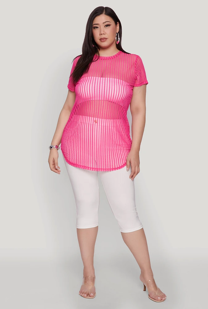 Womens Plus Shadow Stripe Mesh Top, Pink,