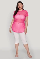Womens Plus Shadow Stripe Mesh Top, Pink,