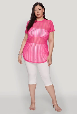 Womens Plus Size Shadow Stripe Mesh Top, Pink, Size 3X