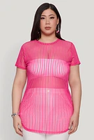 Womens Plus Shadow Stripe Mesh Top, Pink,