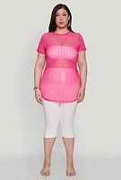 Womens Plus Shadow Stripe Mesh Top, Pink,