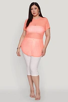 Womens Plus Size Shadow Stripe Mesh Top, Orange, Size 3X