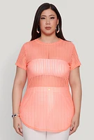 Womens Plus Size Shadow Stripe Mesh Top, Orange, Size 3X