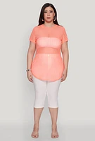 Womens Plus Size Shadow Stripe Mesh Top, Orange, Size 3X