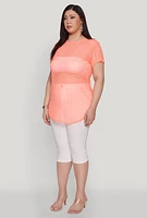 Womens Plus Size Shadow Stripe Mesh Top, Orange, Size 3X