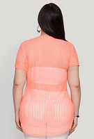 Womens Plus Size Shadow Stripe Mesh Top, Orange, Size 3X