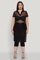 Womens Plus Size Shadow Stripe Collared Mesh Top, Black, Size 2X