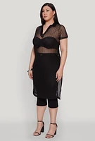 Womens Plus Size Shadow Stripe Collared Mesh Top, Black, Size 2X